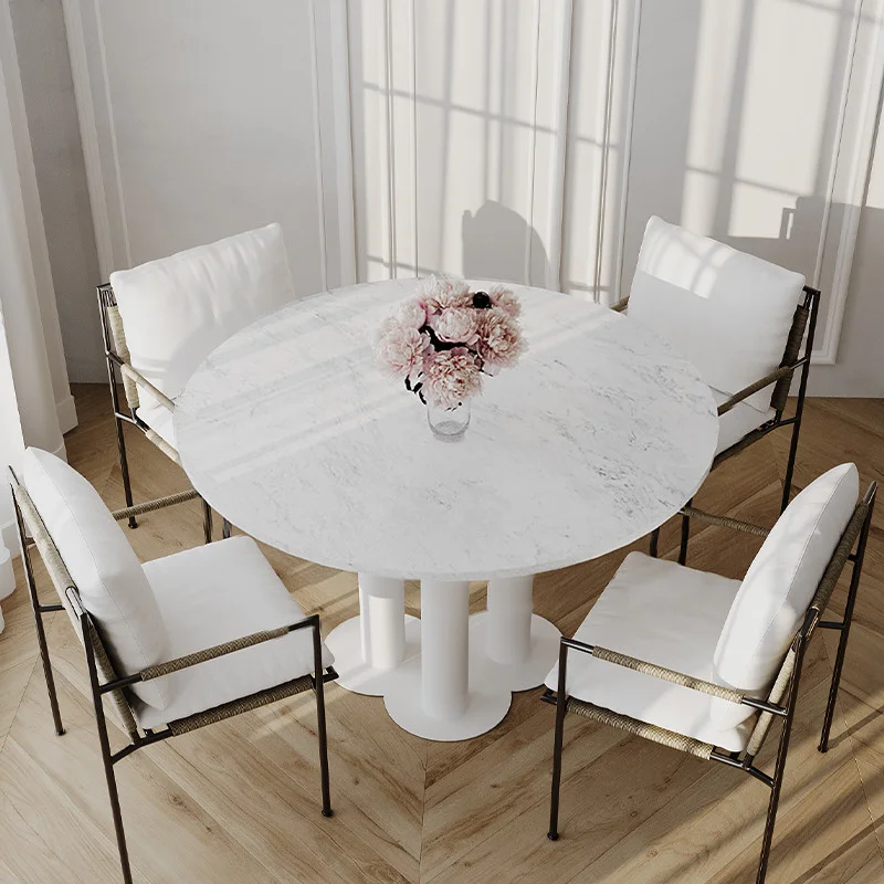 STÓŁ okrągły, biały, marmurowy blat, potrójna podstawa, satynowe wykończenie STÓŁ okrągły, biały, marmurowy blat, potrójna podstawa, satynowe wykończenie