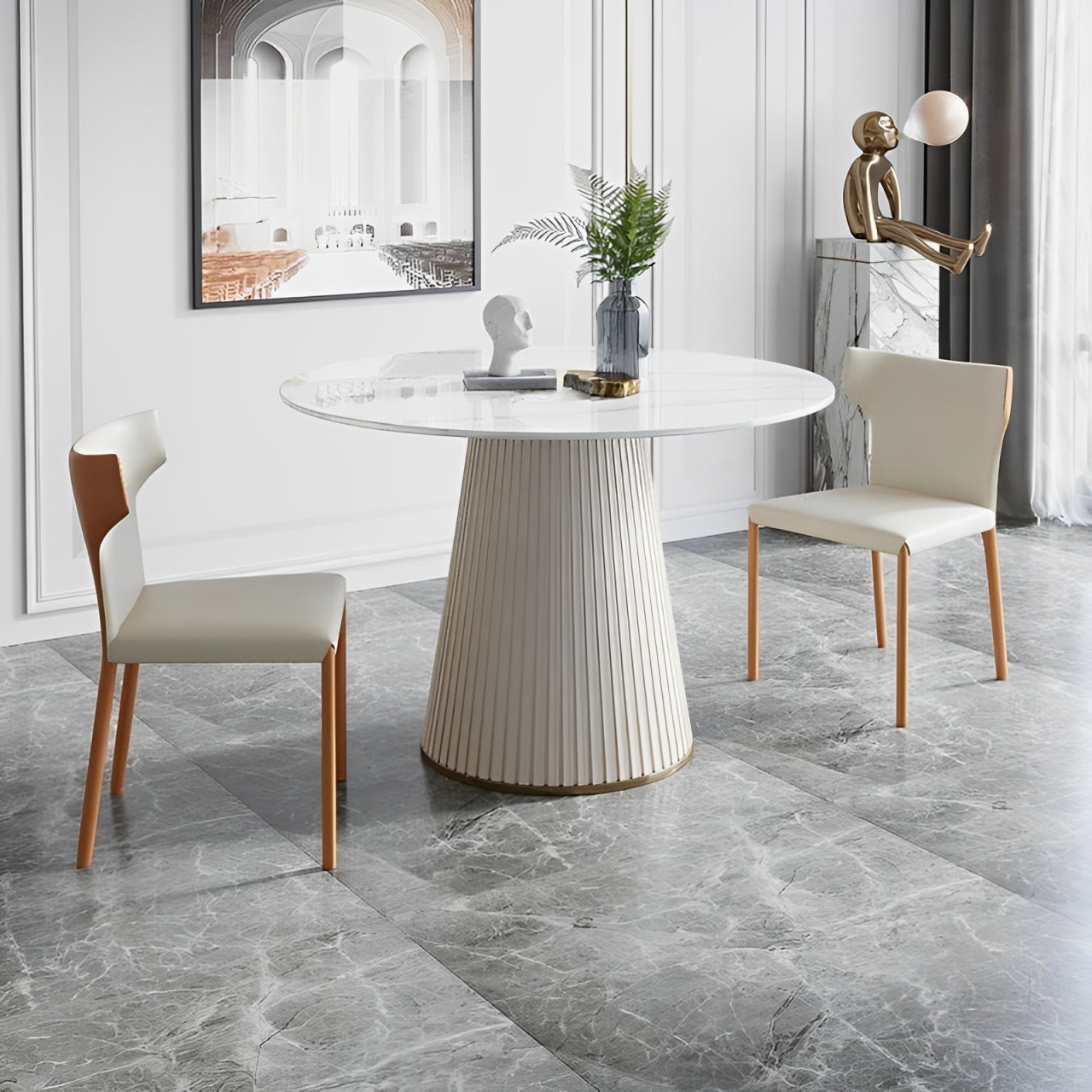 STÓŁ okrągły, plisowana podstawa, blat imitujący biały marmur, elegancki, do salonu i jadalni STÓŁ okrągły, plisowana podstawa, blat imitujący biały marmur, elegancki, do salonu i jadalni