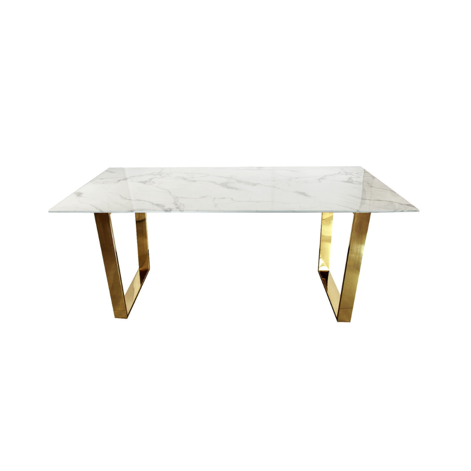 STÓŁ prostokątny, biały marmur, złote nogi, styl glamour