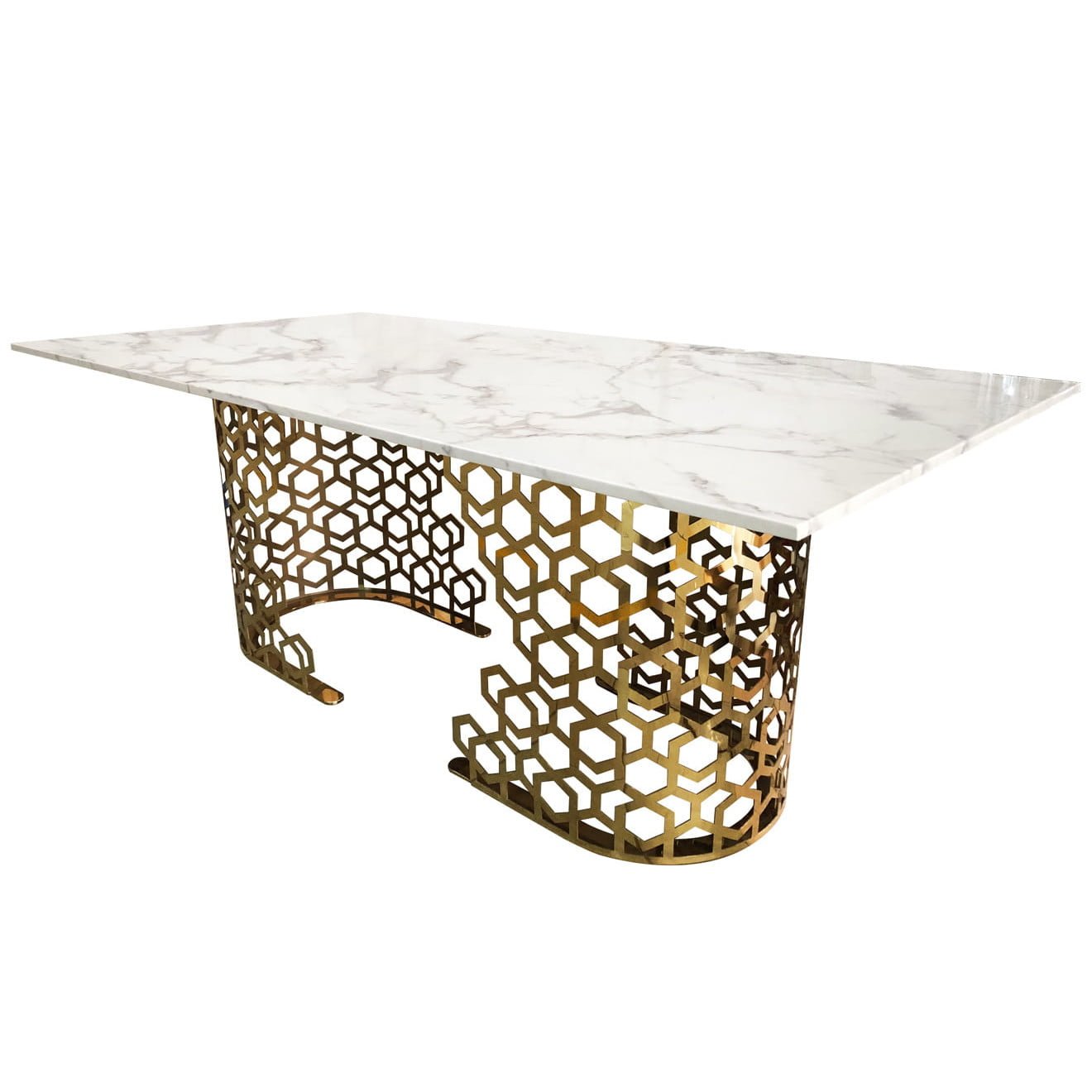 STÓŁ prostokątny, biały marmurowy blat, ażurowe, złote nogi, styl glamour, piękny