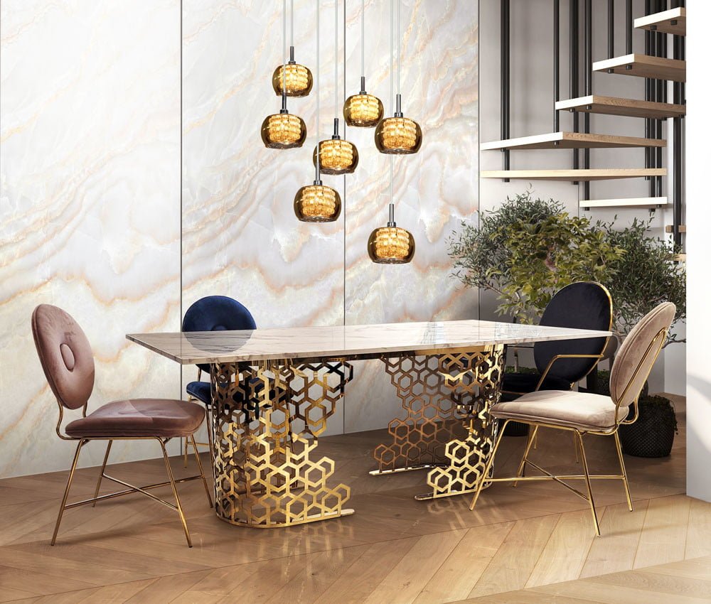 STÓŁ prostokątny, biały marmurowy blat, ażurowe, złote nogi, styl glamour