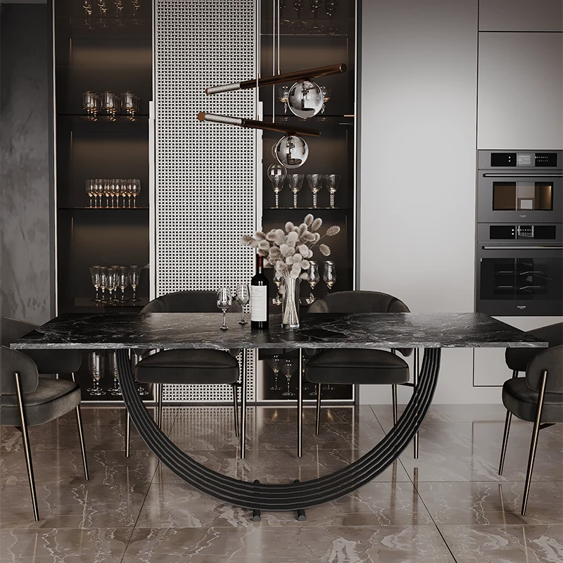 STÓŁ prostokątny, czarny polerowany kamienny blat, podstawa w formie łuków, ekskluzywny, piękny