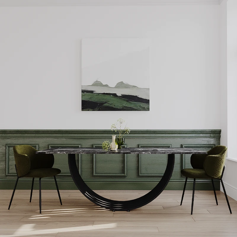 STÓŁ prostokątny, czarny polerowany kamienny blat, podstawa w formie łuków, ekskluzywny, wyjątkowy