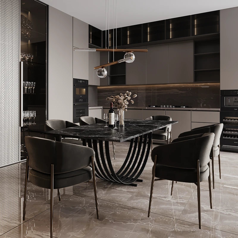 STÓŁ prostokątny, czarny polerowany kamienny blat, podstawa w formie łuków, ekskluzywny