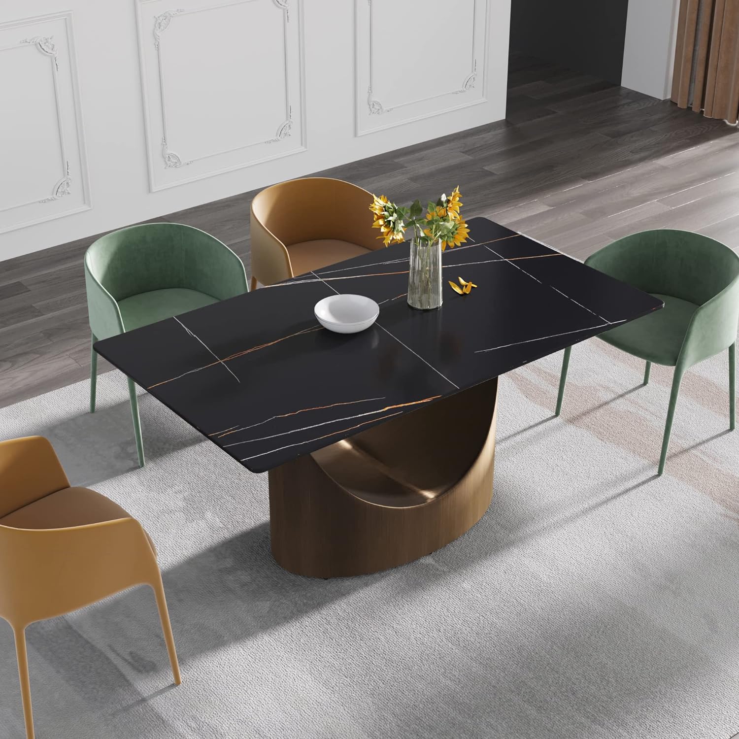 STÓŁ prostokątny, nowoczesna złota podstawa, czarny blat, styl glamour, piękny