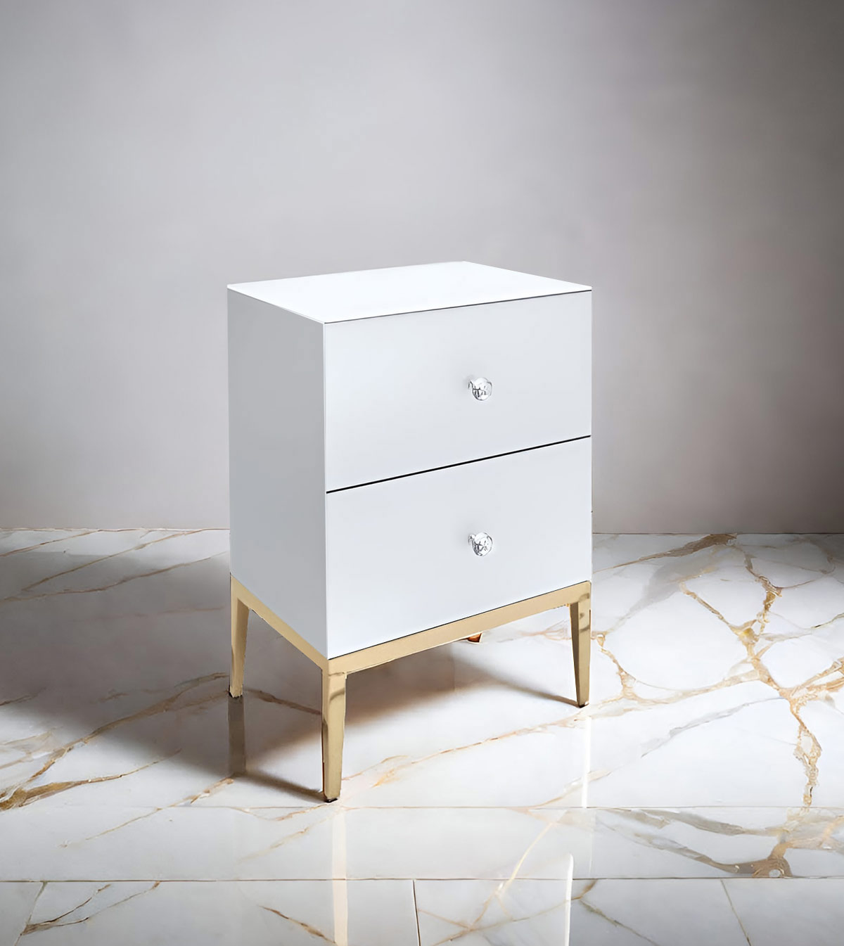 SZAFKA NOCNA z białego szkła, złote nogi, dwie szuflady, styl glamour
