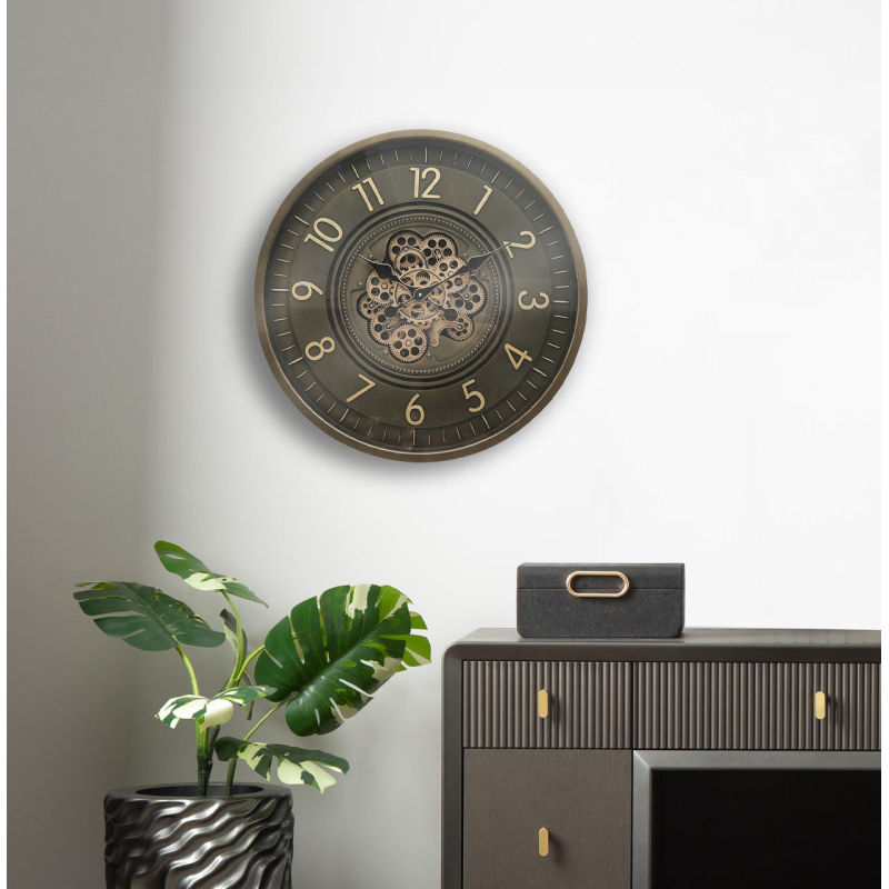 ZEGAR ŚCIENNY okrągły, kawowy kolor, widoczny mechanizm, wyjątkowy, art deco ZEGAR ŚCIENNY okrągły, kawowy kolor, widoczny mechanizm, wyjątkowy, art deco