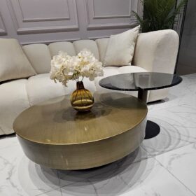 ZESTAW STOLIKÓW KAWOWYCH Bresso okrągły, złoty szczotkowany brąz, nowoczesny design, złoto-czarny minimalizm, elegancki