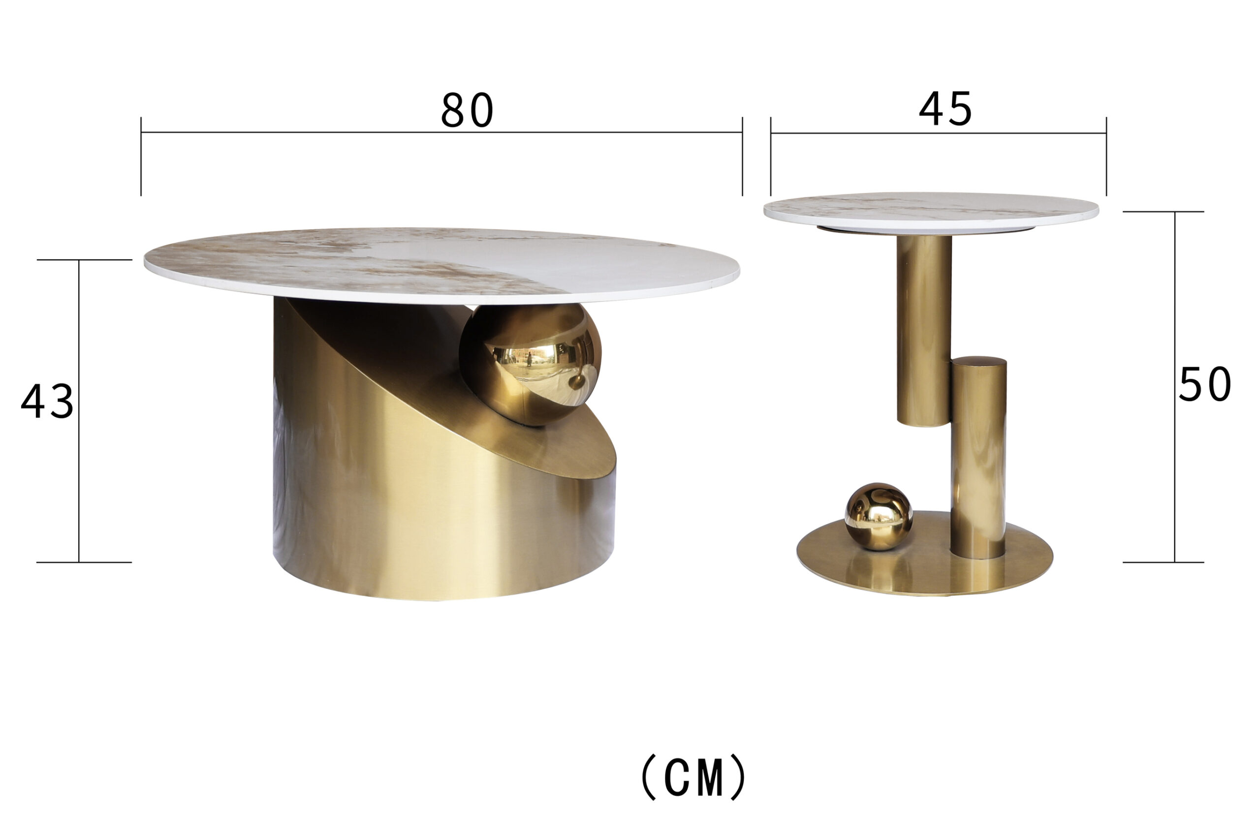 ZESTAW STOLIKÓW KAWOWYCH złota, geometryczna podstawa, biało-złoty blat, wymiary ZESTAW STOLIKÓW KAWOWYCH złota, geometryczna podstawa, biało-złoty blat, wymiary