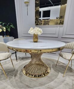 STÓŁ Emporio okrągły, blat ze sztucznego marmuru, złota, zakręcona, designerska podstawa, klasyczny glamour