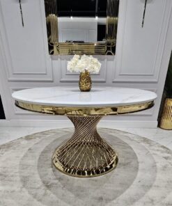 STÓŁ Emporio okrągły, blat ze sztucznego marmuru, złota, zakręcona, designerska podstawa, klasyczny glamour - 100 cm