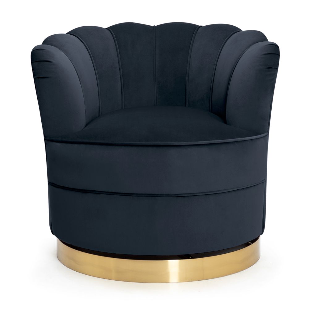 FOTEL OBROTOWY na złotej, obracanej podstawie, granatowa tapicerka, nowoczesny