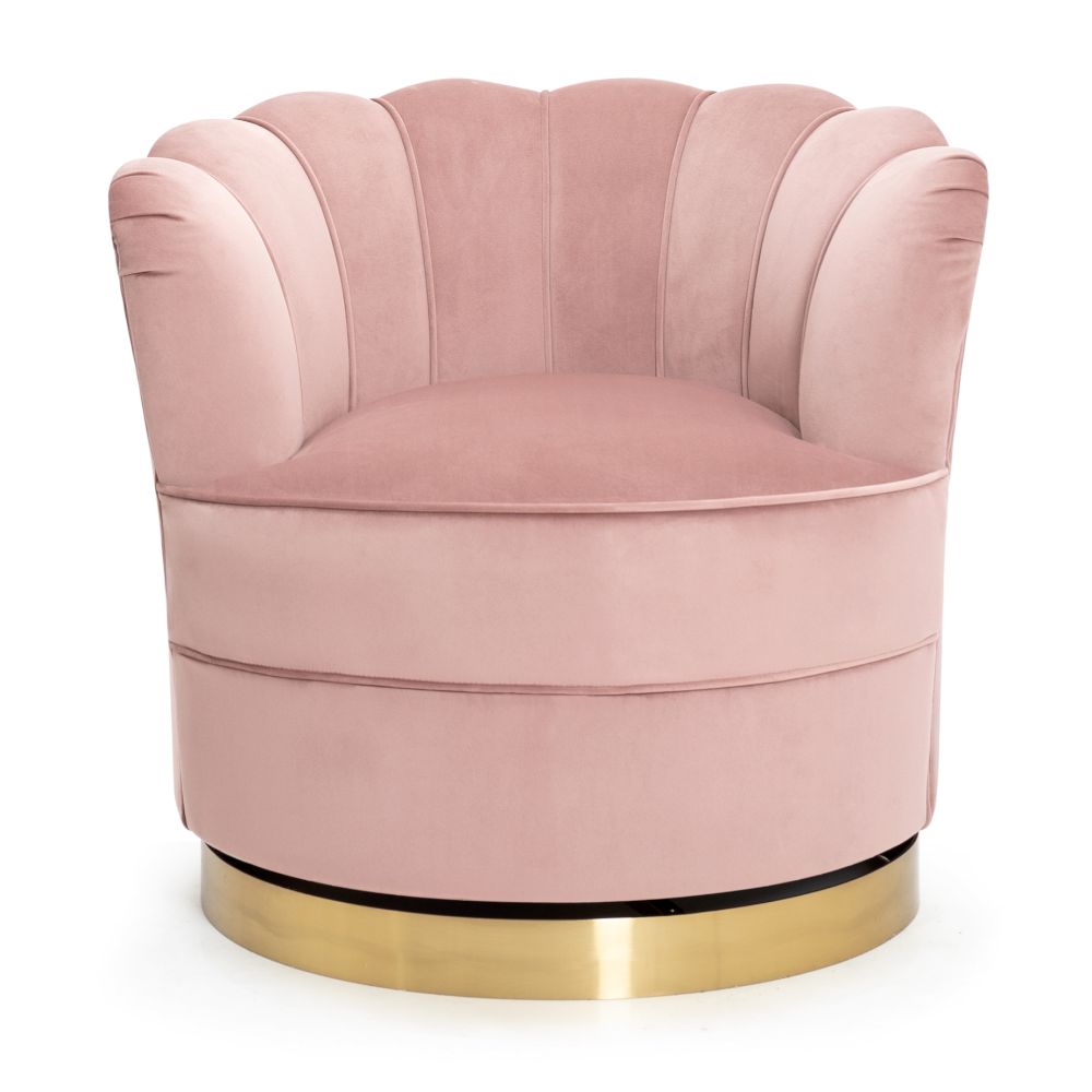FOTEL na złotej, obrotowej podstawie, jasnoróżowa tapicerka, nowoczesny kształt muszelki FOTEL na złotej, obrotowej podstawie, jasnoróżowa tapicerka, nowoczesny kształt muszelki
