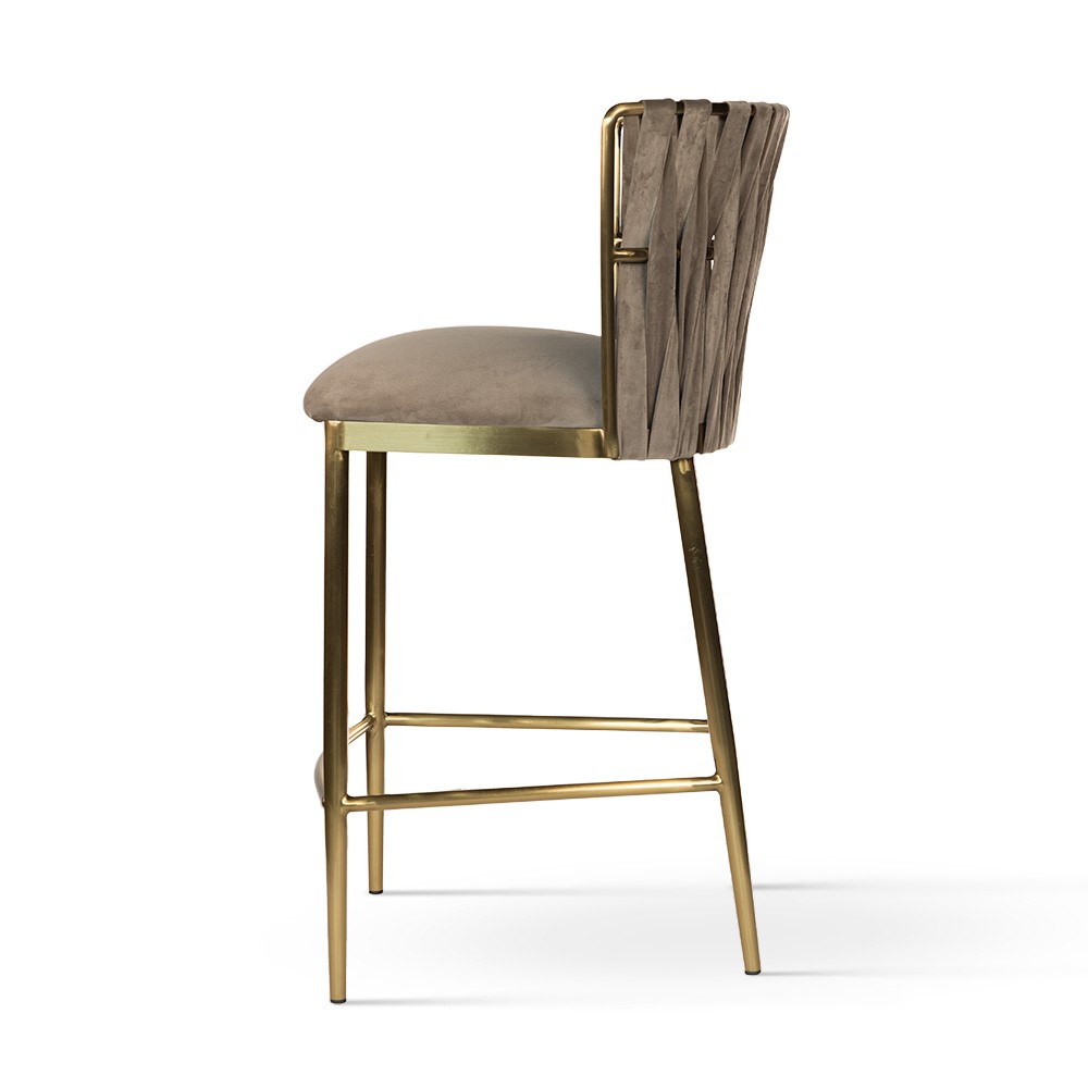 HOKER beżowy welwet, nogi w kolorze szczotkowanego złota, przeplatane siedzisko, glamour, ekskluzywny HOKER beżowy welwet, nogi w kolorze szczotkowanego złota, przeplatane siedzisko, glamour, ekskluzywny