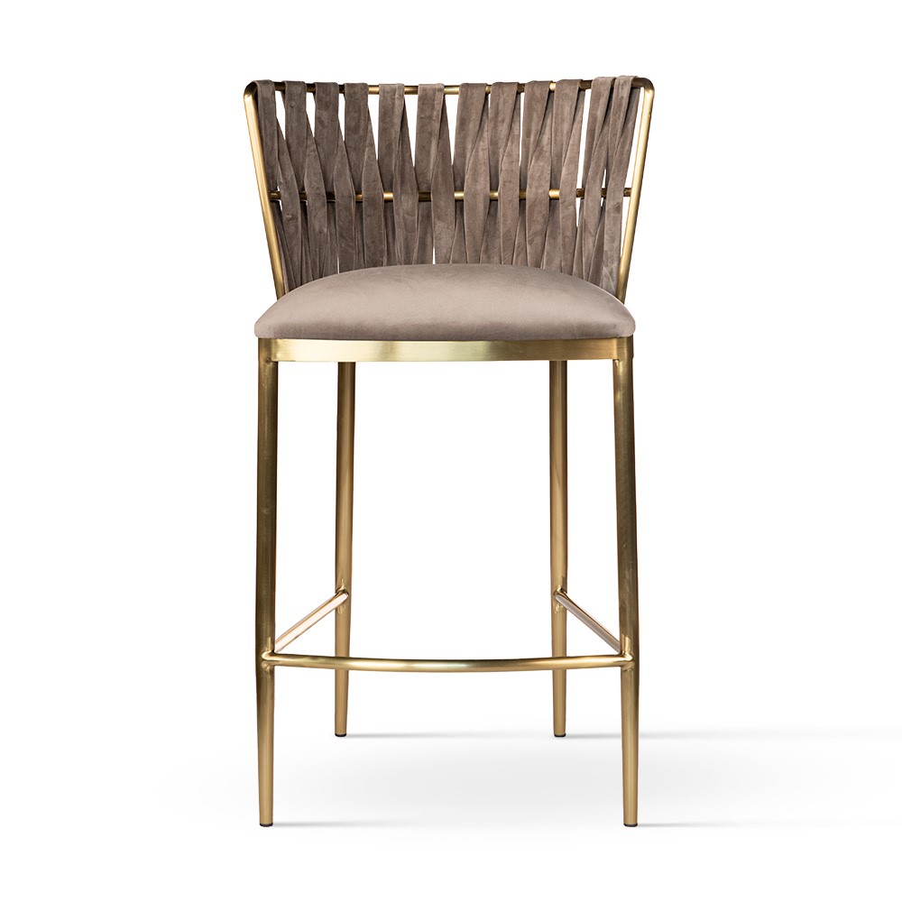 HOKER beżowy welwet, nogi w kolorze szczotkowanego złota, przeplatane siedzisko, glamour, piekny HOKER beżowy welwet, nogi w kolorze szczotkowanego złota, przeplatane siedzisko, glamour, piekny