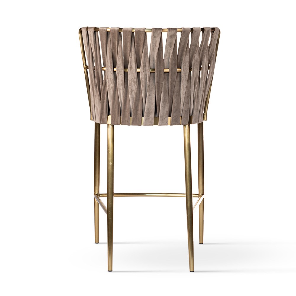 HOKER beżowy welwet, nogi w kolorze szczotkowanego złota, przeplatane siedzisko, glamour, wyjątkowy HOKER beżowy welwet, nogi w kolorze szczotkowanego złota, przeplatane siedzisko, glamour, wyjątkowy