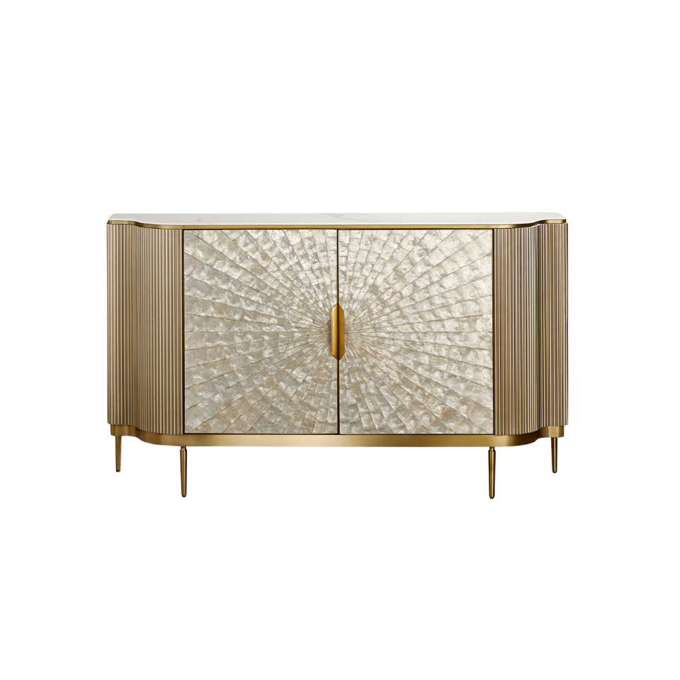 KOMODA w szampańsko złotym wykończeniu, front z naturalnej muszli morskiej, glamour KOMODA w szampańsko złotym wykończeniu, front z naturalnej muszli morskiej, glamour