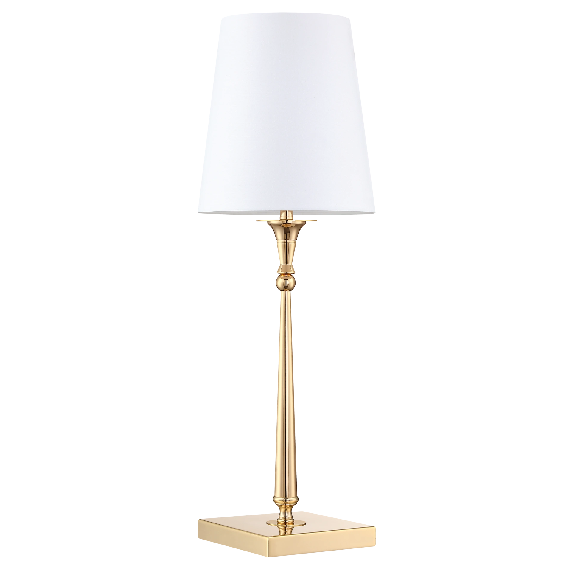 LAMPA STOŁOWA Austin złota, metalowa podstawa, biały abażur, klasyczna elegancja, piękna