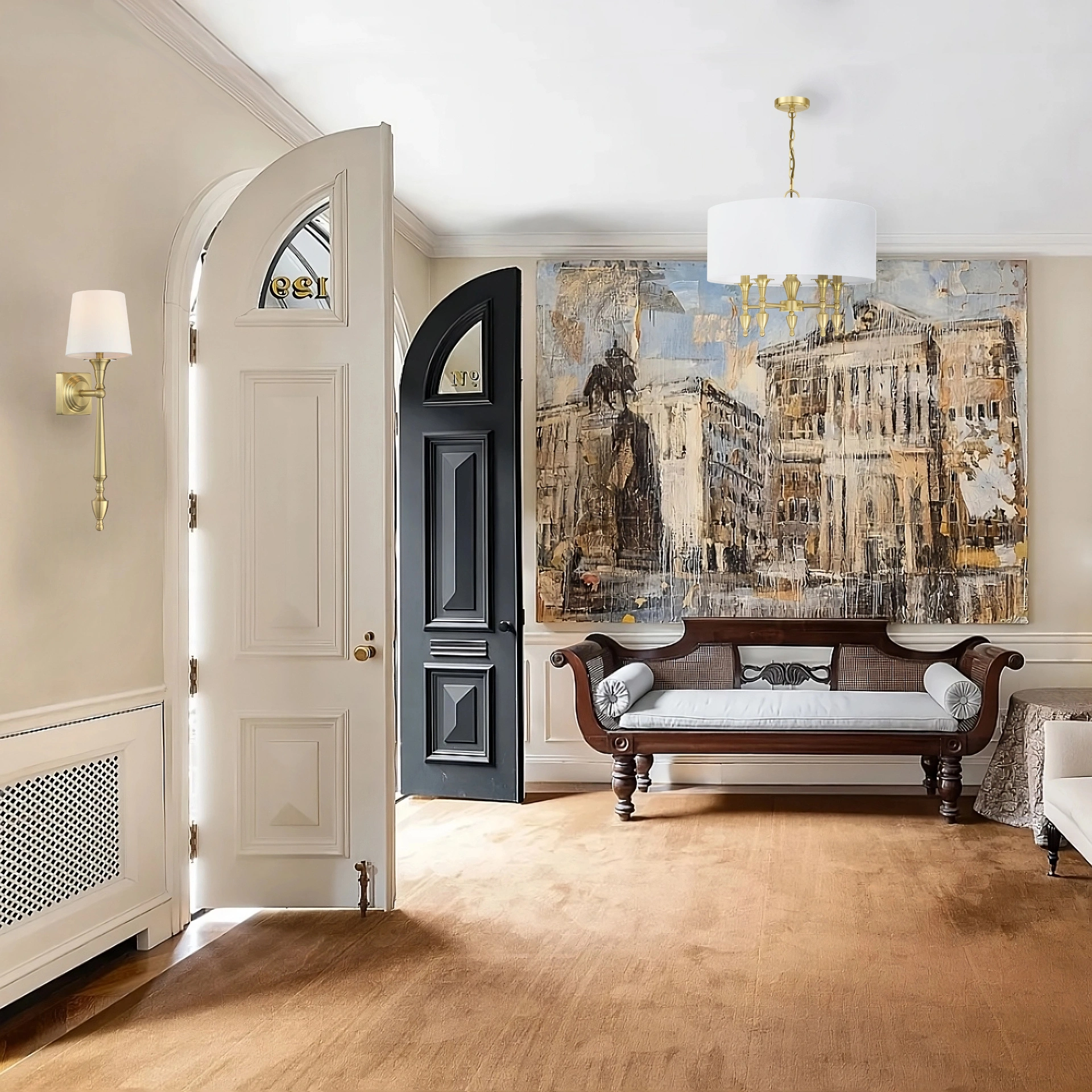 LAMPA WISZĄCA Austin mosiężne wykończenie, okrągły abażur, klasyczna, do salonu