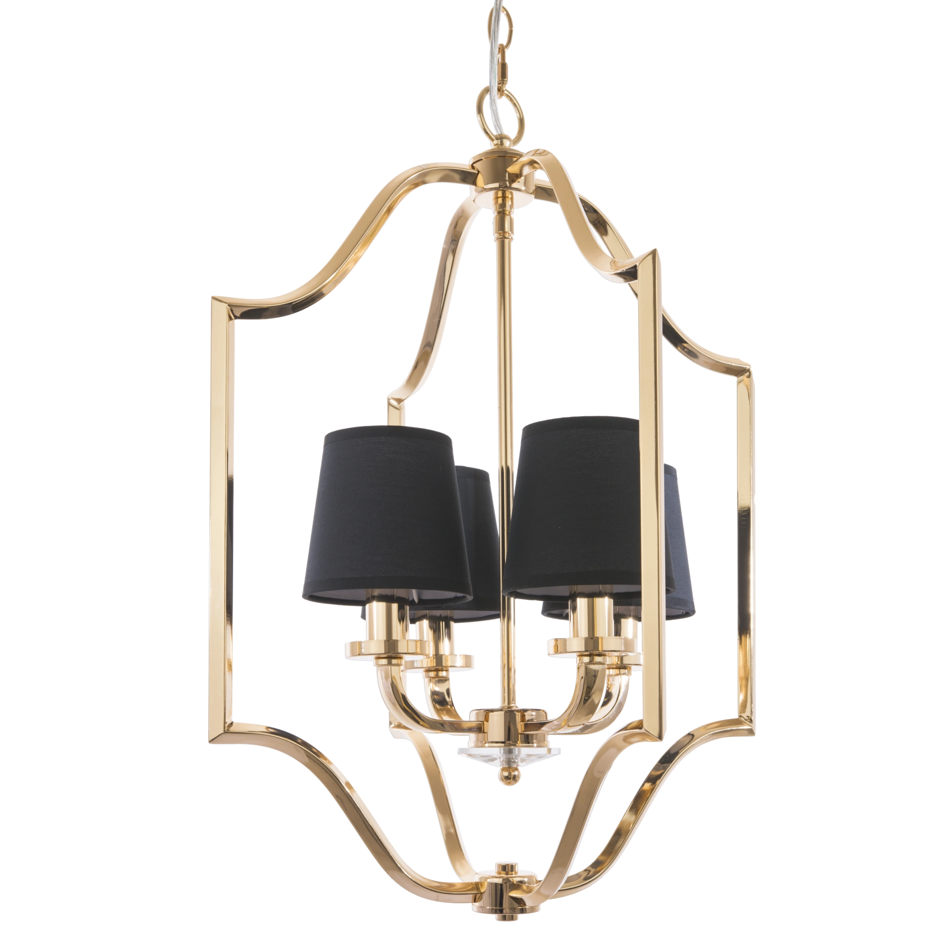 LAMPA WISZĄCA New York złoty stelaż, czarne abażury, 4 źródła światła, glamour LAMPA WISZĄCA New York złoty stelaż, czarne abażury, 4 źródła światła, glamour