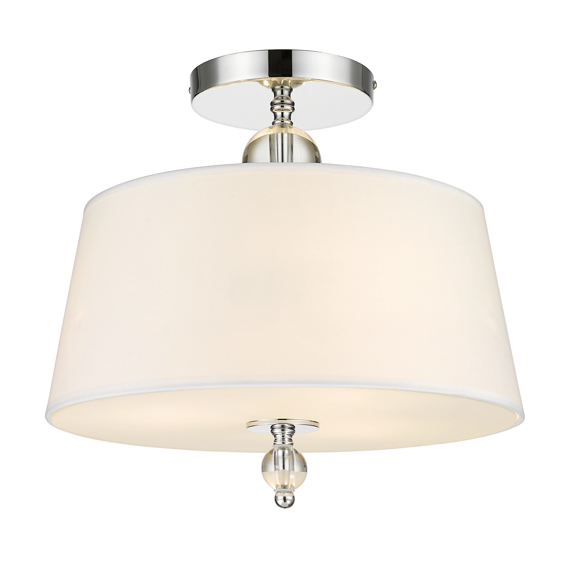 PLAFON Cancun srebrny stelaż, kryształowe detale, okrągły biały abażur, klasyczny styl