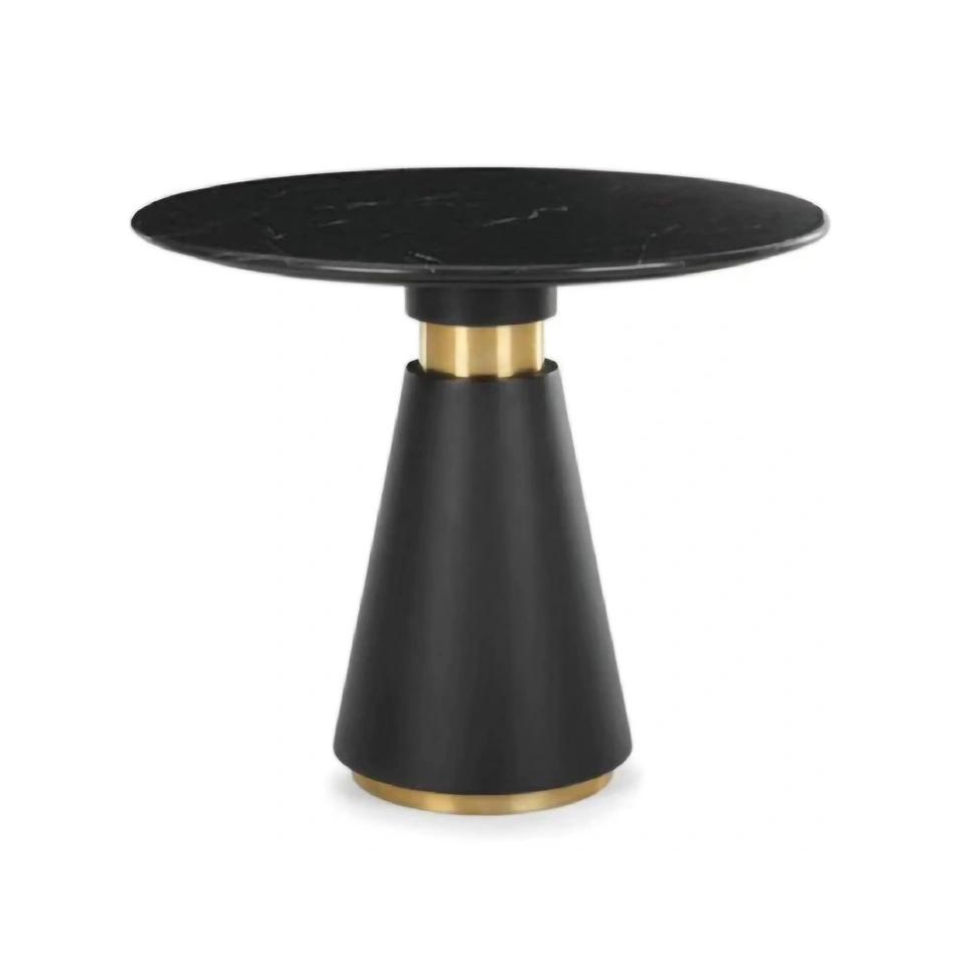 STÓŁ okrągły, czarny ze złotymi detalami, blat ze spieku kamiennego, klasyczna elegancja
