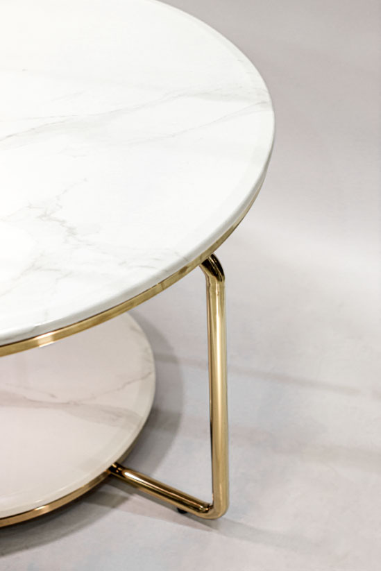 STOLIK KAWOWY okrągły, białe blaty, złoty stelaż wysoki połysk, styl glamour, piękn