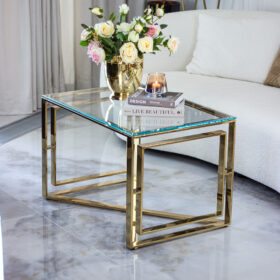 STOLIK KAWOWY złota podstawa wysoki połysk, szklany transparentny blat, styl glamour