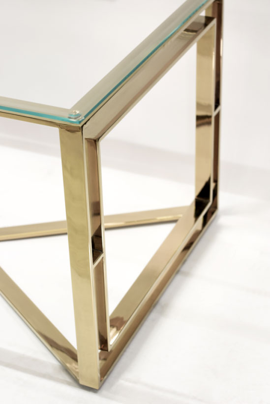 STOLIK KAWOWY złota podstawa wysoki połysk, szklany transparentny blat, styl glamour, piękny