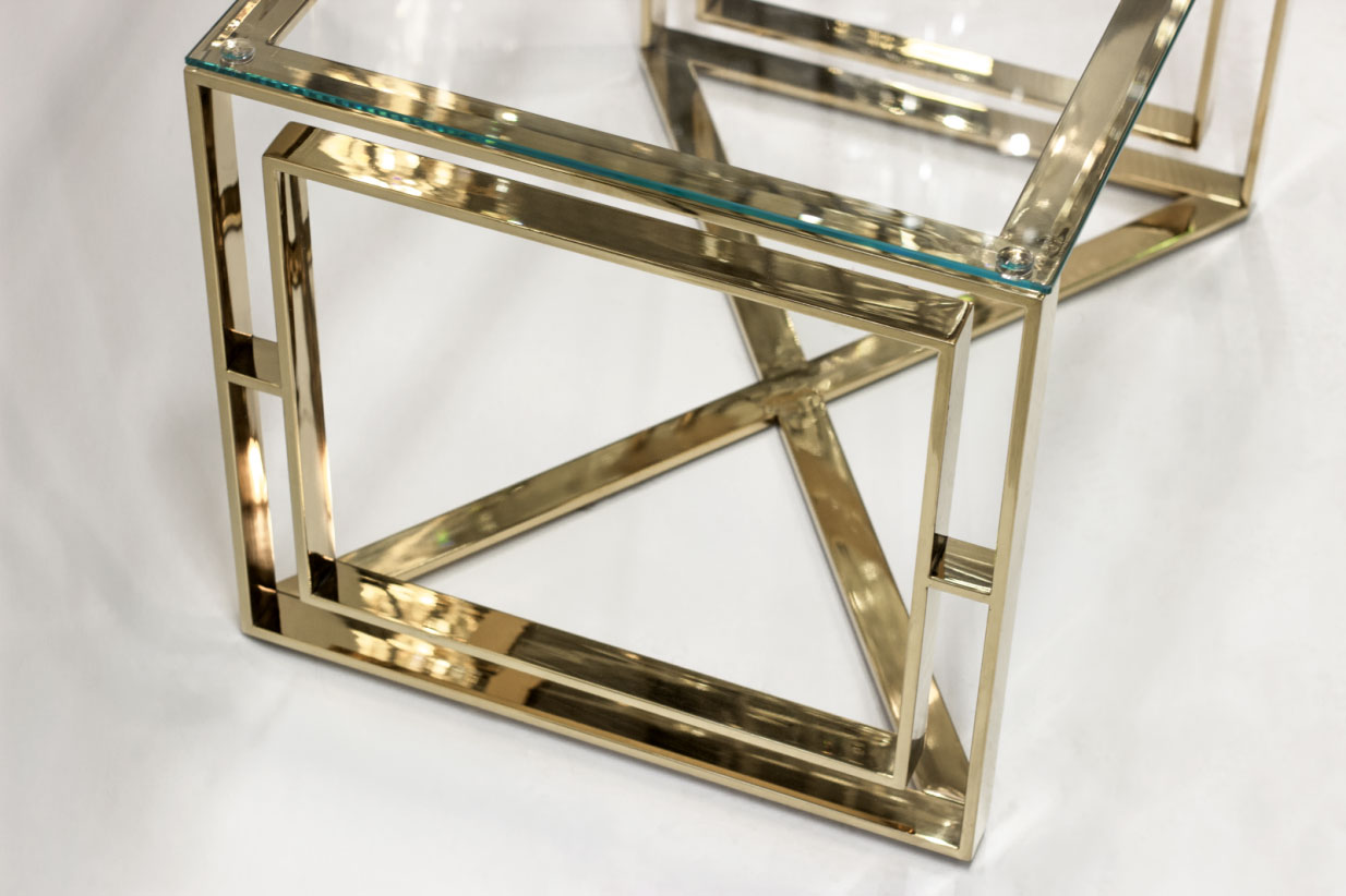 STOLIK KAWOWY złota podstawa wysoki połysk, szklany transparentny blat, styl glamour