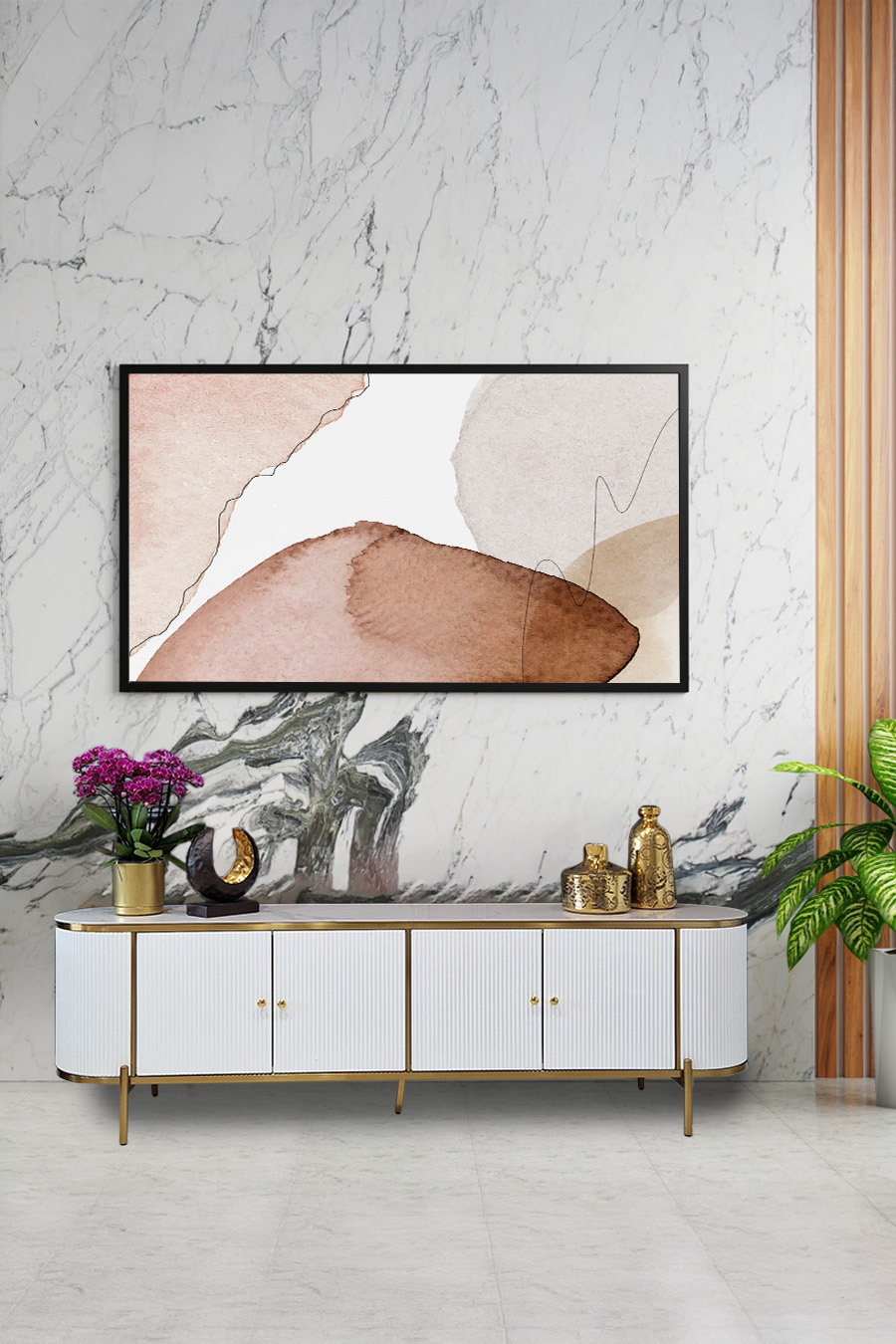 SZAFKA RTV biało-złota, ryflowane fronty, blat ze spieku kamiennego, styl glamour, piękna