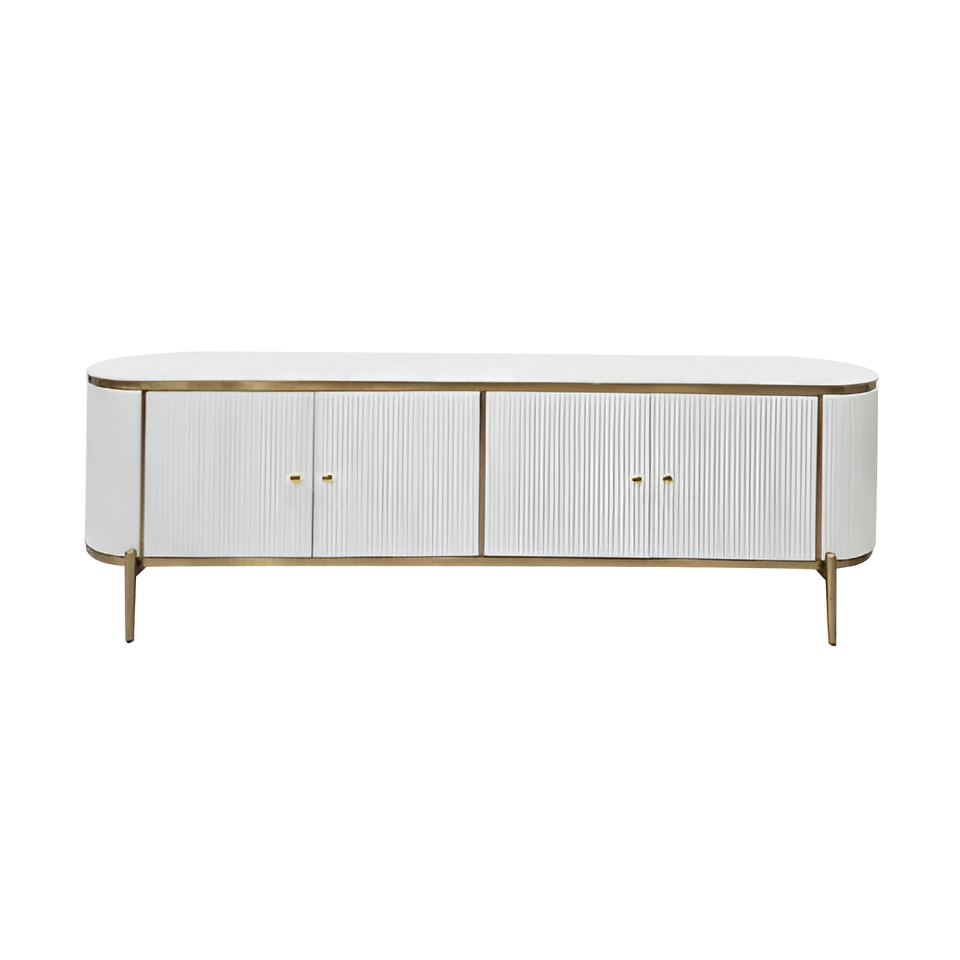 SZAFKA RTV biało-złota, ryflowane fronty, blat ze spieku kamiennego, styl glamour