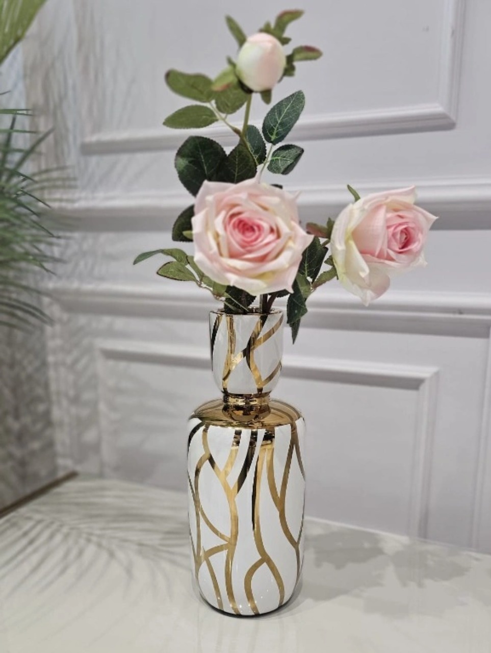 WAZON ceramiczny, biało-złoty wzór, abstrakcyjny, okrągły, styl glamour