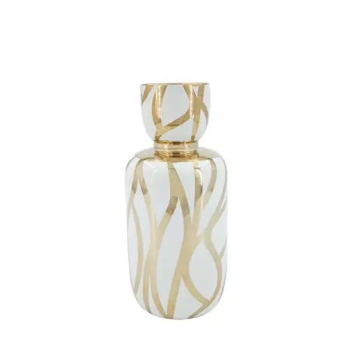 WAZON ceramiczny, biało-złoty wzór, abstrakcyjny, okrągły, styl glamour 25 cm