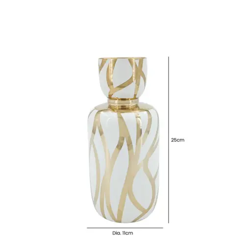 WAZON ceramiczny, biało-złoty wzór, abstrakcyjny, okrągły, styl glamour 25 cm, wymiary