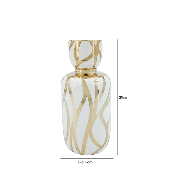 WAZON ceramiczny, biało-złoty wzór, abstrakcyjny, okrągły, styl glamour 25 cm, wymiary WAZON ceramiczny, biało-złoty wzór, abstrakcyjny, okrągły, styl glamour 25 cm, wymiary