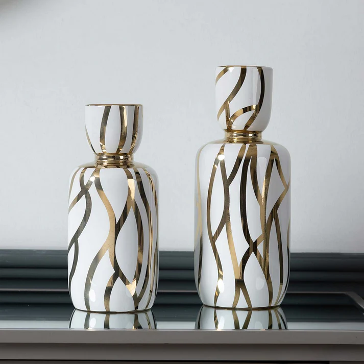 WAZON ceramiczny, biało-złoty wzór, abstrakcyjny, okrągły, styl glamour 30 cm, piękny