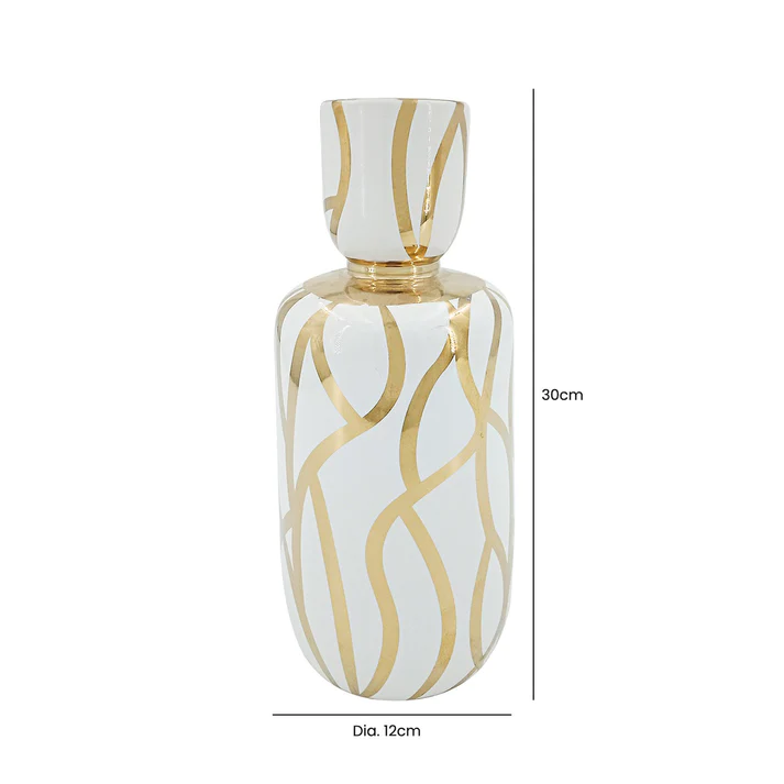 WAZON ceramiczny, biało-złoty wzór, abstrakcyjny, okrągły, styl glamour 30 cm, wymiary WAZON ceramiczny, biało-złoty wzór, abstrakcyjny, okrągły, styl glamour 30 cm, wymiary