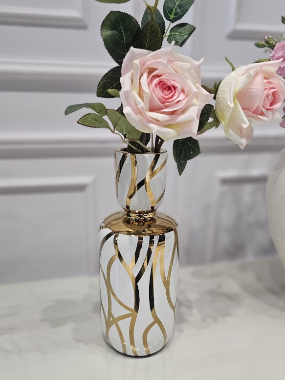 WAZON ceramiczny, biało-złoty wzór, abstrakcyjny, okrągły, styl glamour, piękny