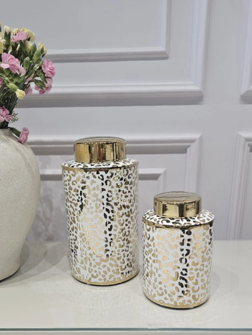 WAZON ceramiczny, okrągły, biało-zloty nowoczesny wzór, dekoracyjny, piękny