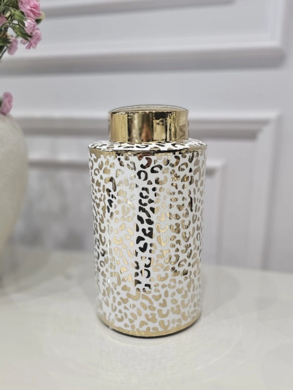 WAZON ceramiczny, okrągły, biało-zloty nowoczesny wzór, dekoracyjny, premium