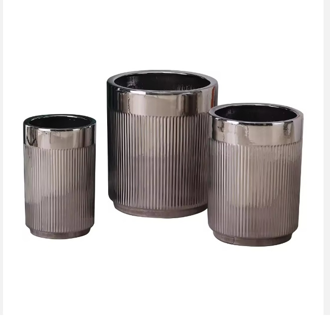 ZESTAW 3 DONIC srebrnych, ryflowane, mrozoodporna ceramika, wysoki połysk, piękny