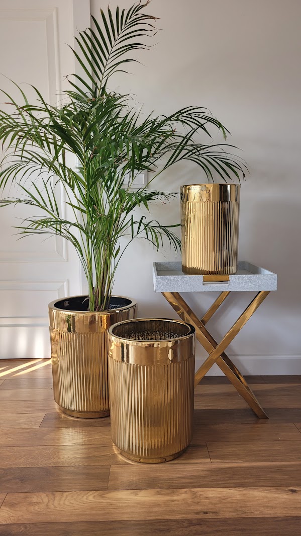 ZESTAW 3 DONIC złotych, ceramicznych, ryflowane, wysoki połysk, styl glamour ZESTAW 3 DONIC złotych, ceramicznych, ryflowane, wysoki połysk, styl glamour