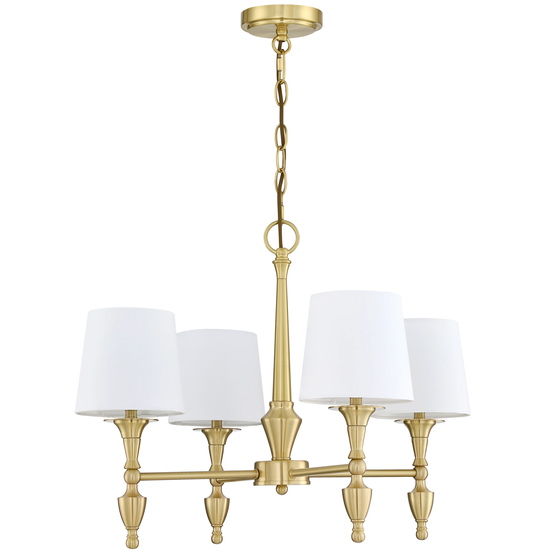 ŻYRANDOL Austin czteroramienny, mosiężne wykończenie, białe abażury, klasyczny, wyjątkowy