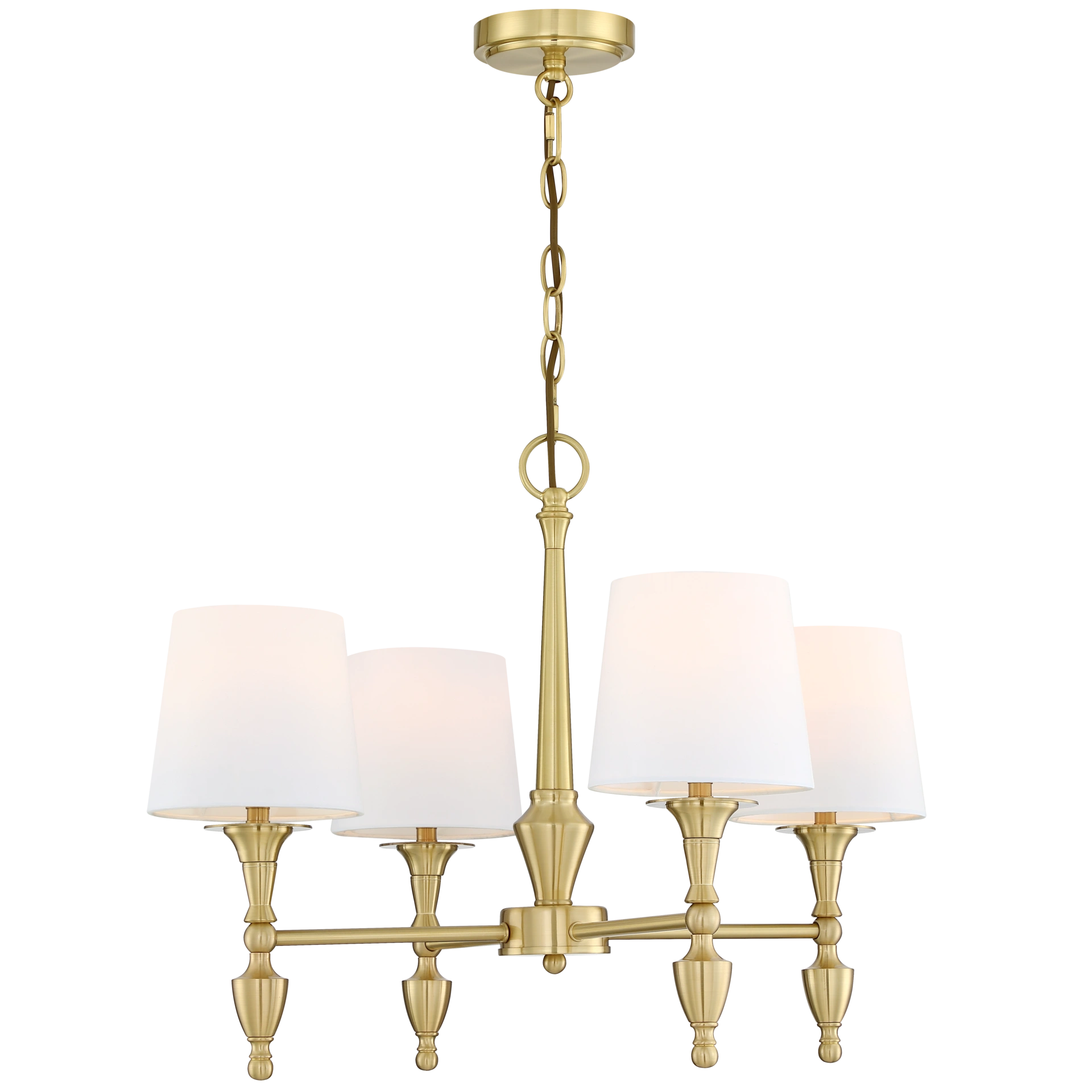 ŻYRANDOL Austin czteroramienny, mosiężne wykończenie, białe abażury, klasyczny