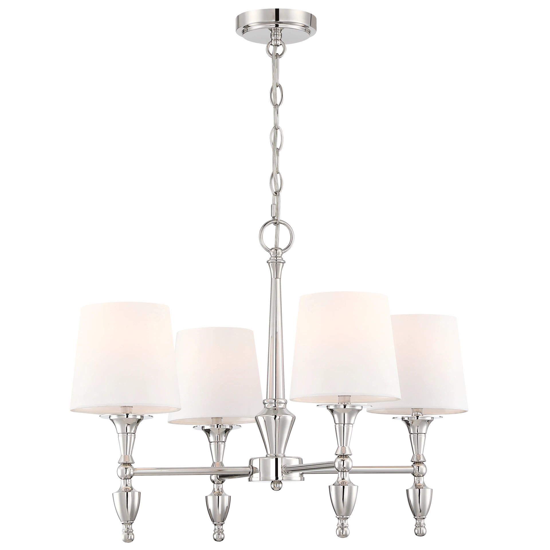 ŻYRANDOL Austin niklowany stelaż, białe abażury, 4 źródła światła, harmonijny ŻYRANDOL Austin niklowany stelaż, białe abażury, 4 źródła światła, harmonijny