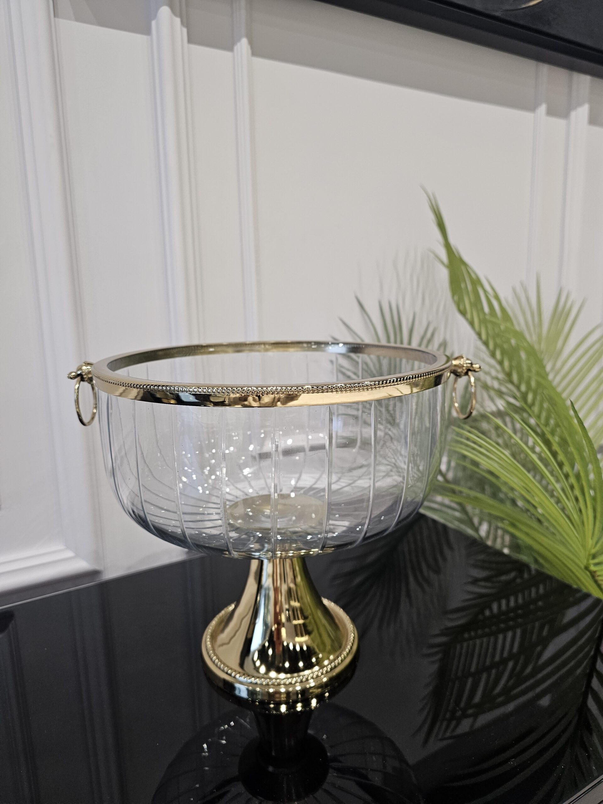 COOLER szklany, patera transparentna, złote metalowe detale, klasyczny wygląd COOLER szklany, puchar transparentny, złote metalowe detale, duży, stal nierdzewna