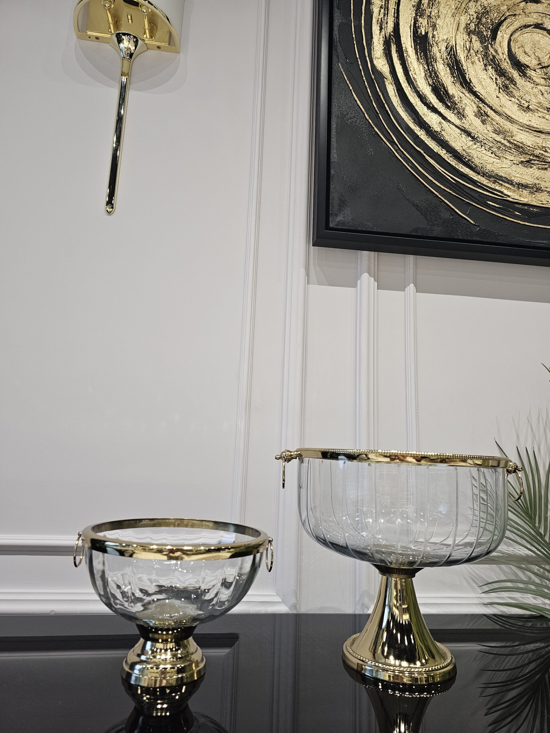 COOLER szklany, transparentny, złote metalowe detale, klasyczny wygląd, duza COOLER szklany, transparentny, złote metalowe detale, złoty błyszczący, stal nierdzewna