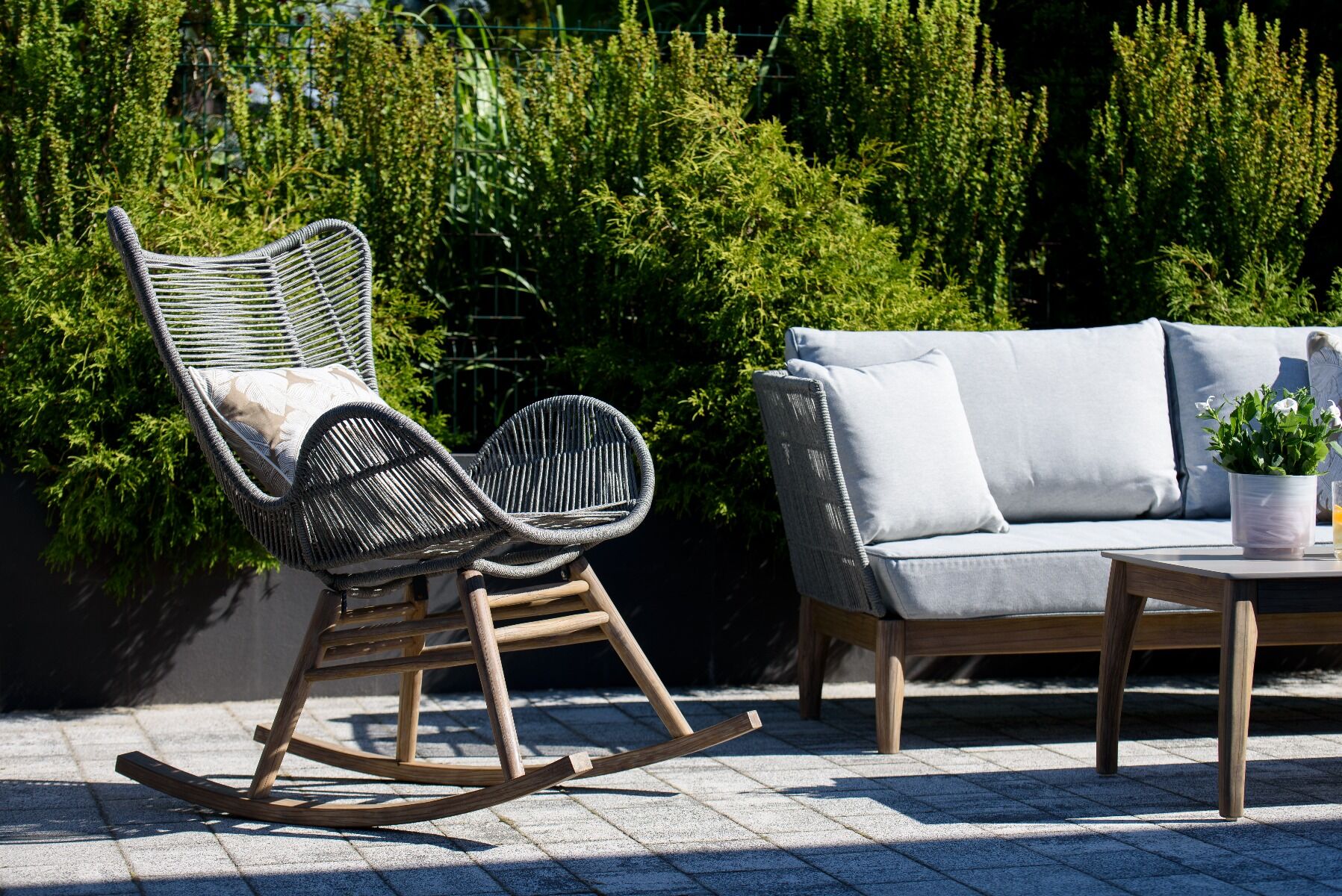 FOTEL BUJANY OGRODOWY drewniana podstawa, szary snurek, styl boho, zestaw ogrodowy OM003, ekskluzywny