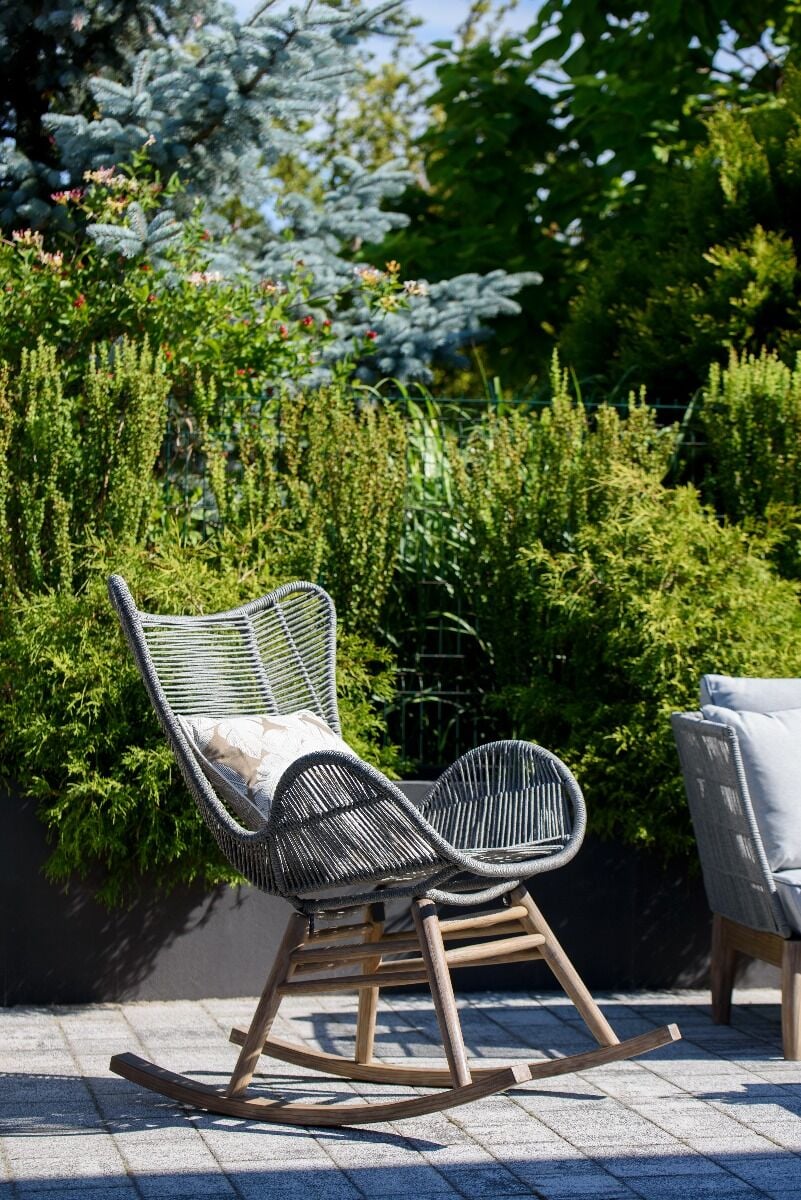 FOTEL BUJANY OGRODOWY drewniana podstawa, szary snurek, styl boho, zestaw ogrodowy OM003